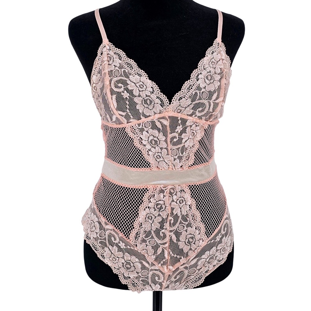 Garmol Peach‎ Pink Floral Lace Fishnet Bodysuit Satin Tie Back Small NEW